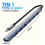 7 In 1 USB C Extender Adapter Hub With 7 Ports Aluminum Alloy USB 2.0 Hub Adapter Type C Splitter Extender For Laptops Computer