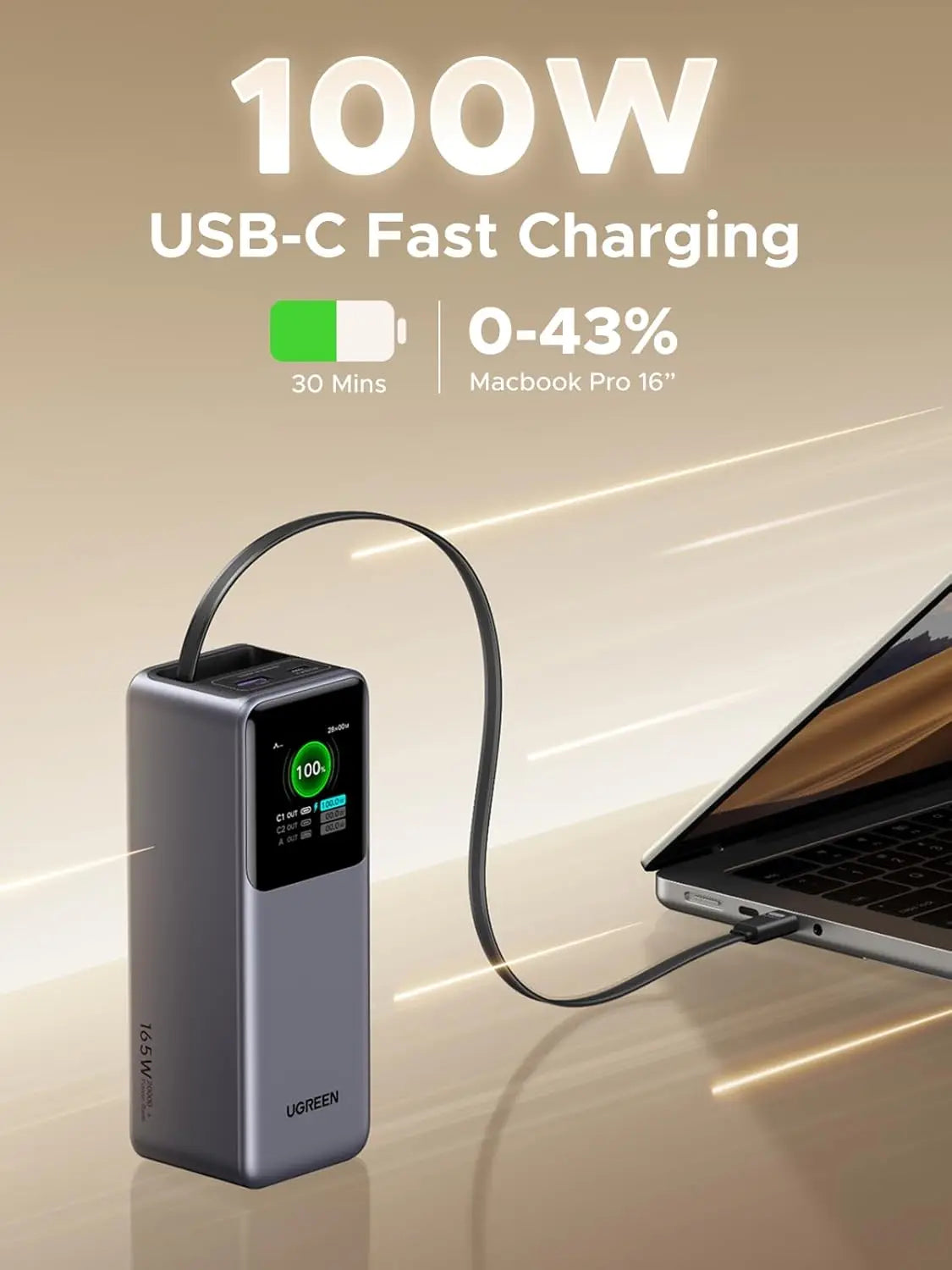 UGREEN Nexode Power Bank 20000mAh 165W with Built-in USB C Cable Laptop Travel Portable Charger,Fast Charging for iPhone 17/16