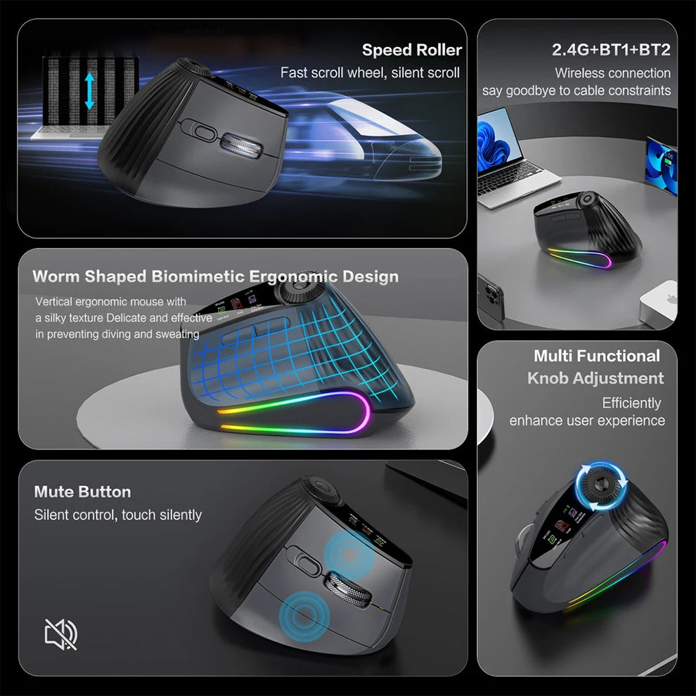 Backlit Wireless Ergonomic Mouse with Smart Flying Scroll,Function Adjustment Knob,Bluetooth&2.4G Rechargeable Gaming Mouse