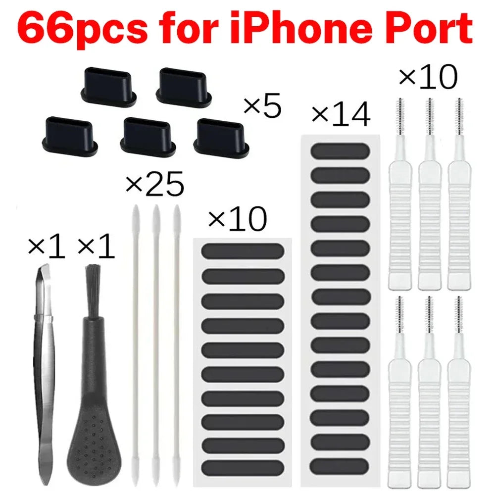 66PCS Mobile Phone Speaker Charging Port Cleaning Set Dust Plug for iPhone 16 15 14 Earphones Clean Kit Brush for Samsung Xiaomi
