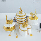 Creative Ceramic Jewelry Storage Jar Electroplating Golden Animal Cover Wedding Candy Gift Box Household Mini Sealed Jar Decor