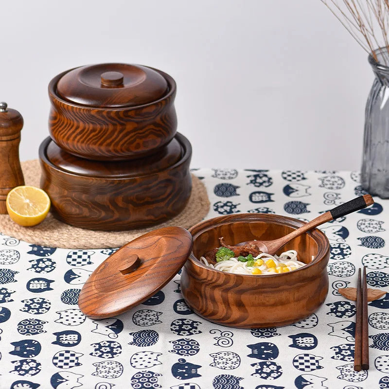 Solid Wooden Bowl with Lid Wooden Salad Bowl Reusable Serving Bowl for Salad, Fruits, Cereal, Soup, Rice, Everyday Use, Durable