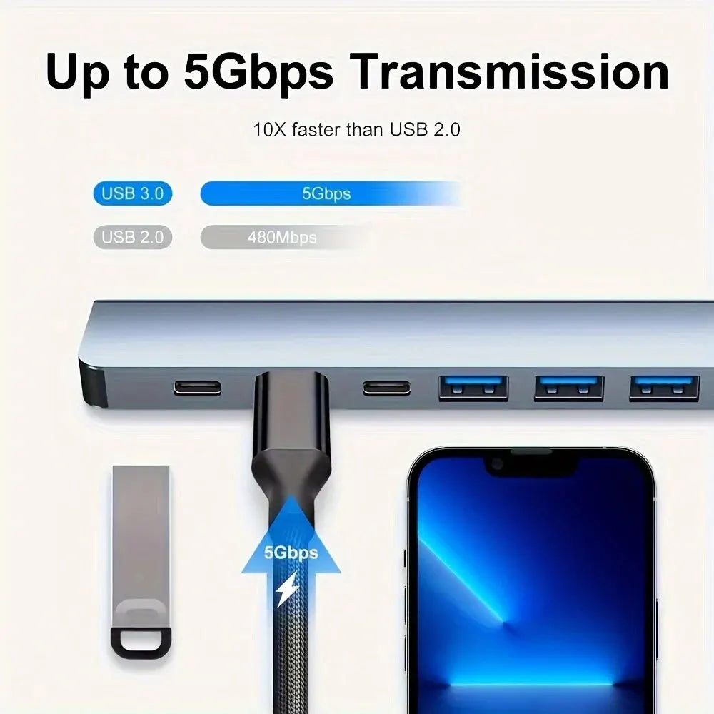 7 In 1 USB C Extender Adapter Hub With 7 Ports Aluminum Alloy USB 2.0 Hub Adapter Type C Splitter Extender For Laptops Computer