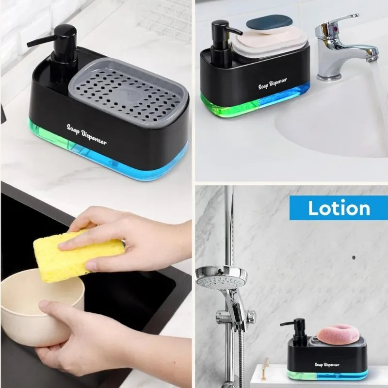 3-in-1 Hand and Dish Soap Dispenser Set with Sponge Holder Dual Countertop Kitchen Sink Soap Pump Organizer