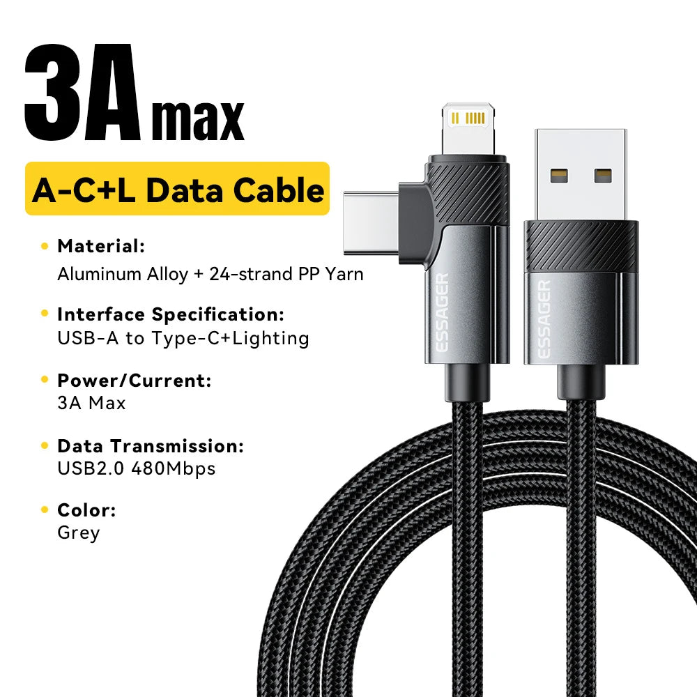 Essager 2 in1 Right Angle Elbow Cable 3A Fast Charging Wire USB A To Type C Lightning Cable For iPhone 16 15Pro Max MacBook iPad