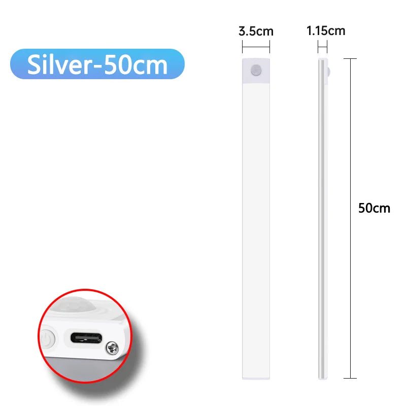 LED Cabinet Light Type C Rechargeable Motion Sensor Night Lights for Kitchen Wardrobe Cabinet Lighting 10cm/20cm/30cm/40cm/50cm