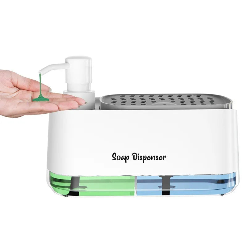 3-in-1 Hand and Dish Soap Dispenser Set with Sponge Holder Dual Countertop Kitchen Sink Soap Pump Organizer
