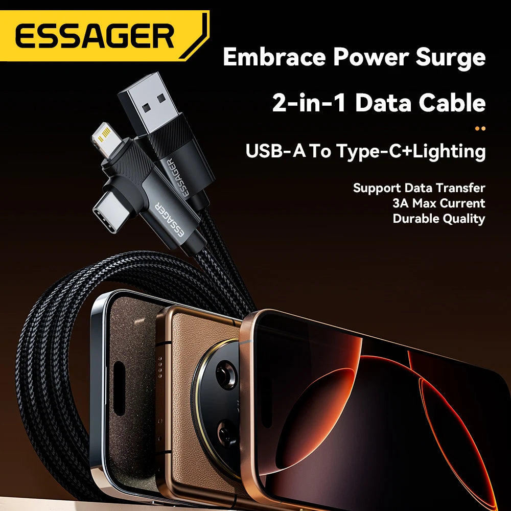 Essager 2 in1 Right Angle Elbow Cable 3A Fast Charging Wire USB A To Type C Lightning Cable For iPhone 16 15Pro Max MacBook iPad