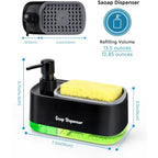 3-in-1 Hand and Dish Soap Dispenser Set with Sponge Holder Dual Countertop Kitchen Sink Soap Pump Organizer