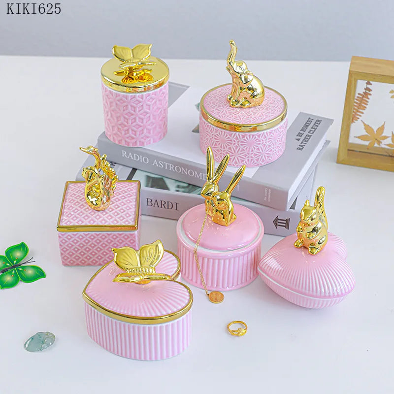 Creative Ceramic Jewelry Storage Jar Electroplating Golden Animal Cover Wedding Candy Gift Box Household Mini Sealed Jar Decor