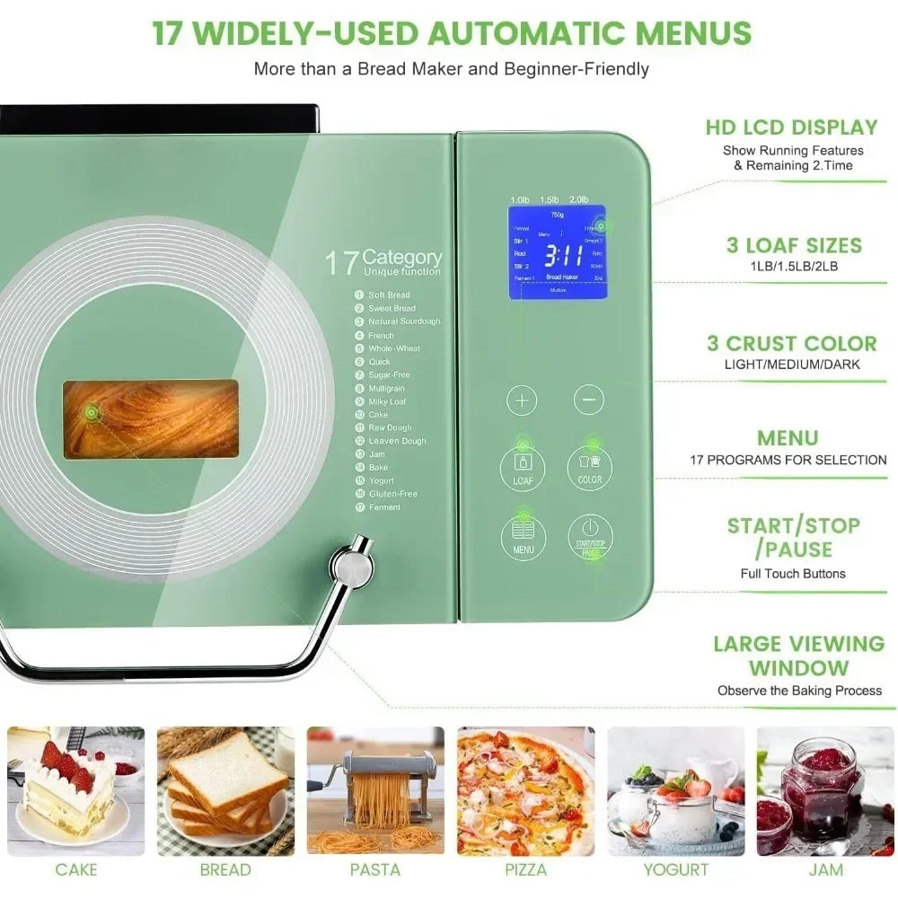 l 2.2LB Large Bread Maker - Dual Heaters, 17 In 1 Gluten Free Bread Maker, Pizza Dough, Jam, Automatic Nut Dispenser L