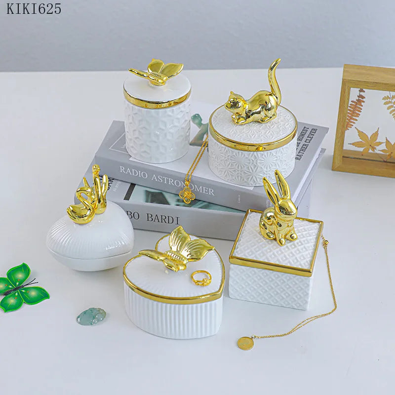 Creative Ceramic Jewelry Storage Jar Electroplating Golden Animal Cover Wedding Candy Gift Box Household Mini Sealed Jar Decor