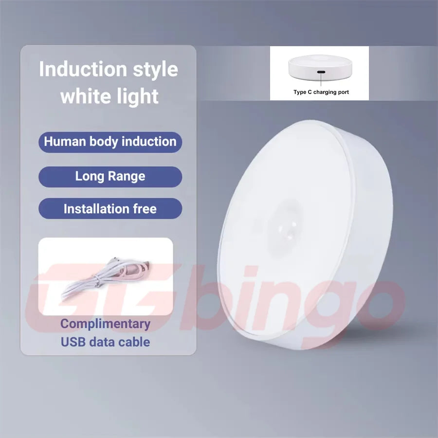 Type-C Rechargeable Motion Sensor LED Night Light for Kitchen Bedroom Stairs Hallway Cabinet Closet Wardrobe - Energy Efficient