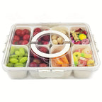 Divided Rotating Serving Tray with Lid and Handle, Portable Snackle Box for Fruits Snacks Veggie Charcuterie, Clear Snack Spinne
