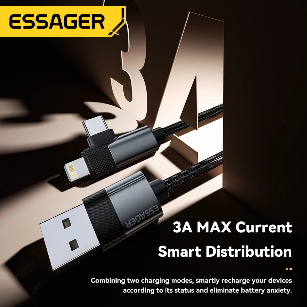 Essager 2 in1 Right Angle Elbow Cable 3A Fast Charging Wire USB A To Type C Lightning Cable For iPhone 16 15Pro Max MacBook iPad