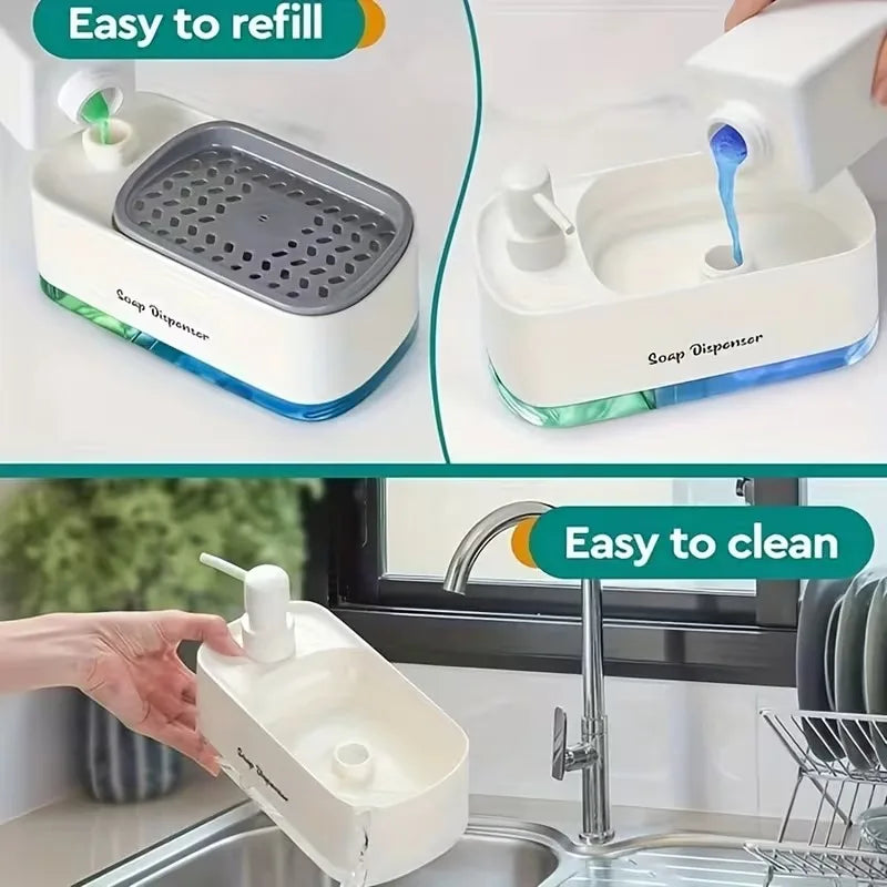 3-in-1 Hand and Dish Soap Dispenser Set with Sponge Holder Dual Countertop Kitchen Sink Soap Pump Organizer